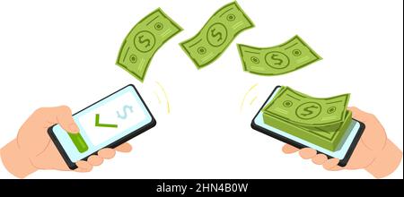 Pagamento in denaro cartoon, transazione elettronica bancaria mobile. Trasferimento di denaro tramite l'illustrazione vettoriale dell'app mobile online. Le persone inviano e ricevono denaro Illustrazione Vettoriale