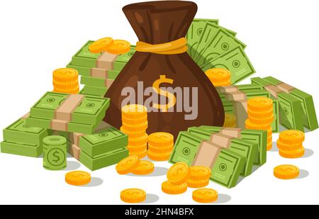 Cartoon Money bag, dollaro cash stack e monete d'oro. Pacchetto di banconote illustrazione del vettore monetario. Pila di monete d'oro e dollari verdi Illustrazione Vettoriale