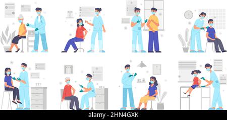 Vaccino, immunizzazione scene mediche, le persone vengono vaccinate. Senior, adulti e bambini all'esame medico vettore set di illustrazione. Dottore con Illustrazione Vettoriale