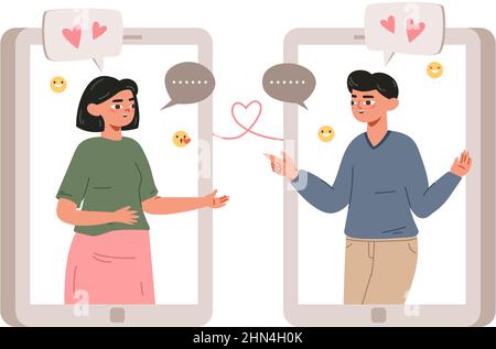 App per dispositivi mobili datate, corrispondenza perfetta, coppia romantica che chiacchiera. Illustrazione del vettore di comunicazione di relazione dell'app di datazione in linea. Concetto di app di incontri virtuali Illustrazione Vettoriale