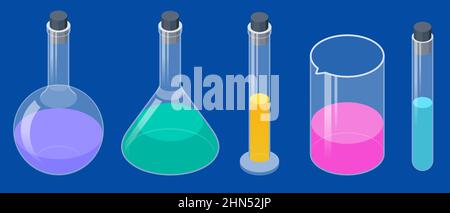 Laboratorio di analisi isometrica, laboratorio di scienza chimica. Set di provette per prodotti chimici da laboratorio Illustrazione Vettoriale