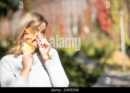 Donna di mezza età sorridente di buon aspetto con capelli lunghi e ondulati in maglione roll-neck tenere le foglie di acero giallo vicino al viso. Foto Stock