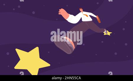 Uomo salto da stella a nuova stella. Il successo, gli obiettivi e gli obiettivi degli uomini d'affari. Dipendente di successo in tuta, sviluppo di carriera, concetto vettoriale Illustrazione Vettoriale