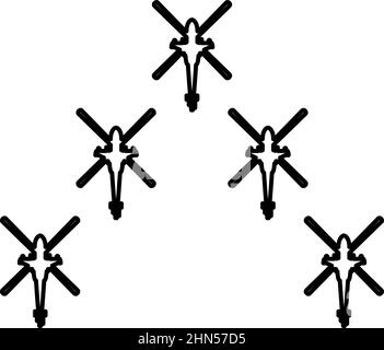 Gruppo di elicotteri da combattimento militare concetto chopper in aria esercito contorno linea icona colore nero vettore illustrazione immagine sottile stile piatto Illustrazione Vettoriale