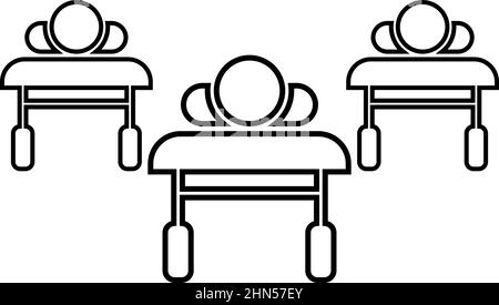 I pazienti sui divani stanno giacendo ospedale pandemic concetto clinica epidemia contorno linea icona colore nero vettore immagine piatta sottile Illustrazione Vettoriale