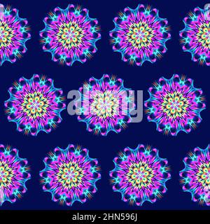 Illustrazione raster pattern continuo di mandala in luccicante colore lilla lucido su sfondo blu scuro. Illustrazione di alta qualità Foto Stock
