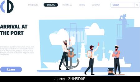 Atterraggio marino. Marinai e capitani oceanici con nave marina modello di pagina web vettore con posto per il testo Illustrazione Vettoriale