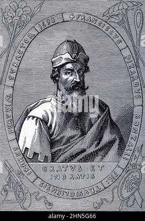 Ritratto di Francisco Pizarro González era un conquistador spagnolo, meglio conosciuto per le sue spedizioni che hanno portato alla conquista spagnola del Perù dall'esplorazione del mondo, viaggi celebrati e viaggiatori, viaggi celebrati da Jules Verne nonfiction. Pubblicato in tre volumi dal 1878 al 1880, i viaggi celebrati e viaggiatori è una storia degli esploratori e avventurieri che viaggiarono fino alle lontane aree del globo, scoprirono le meraviglie di terre esotiche e riempirono gli spazi vuoti sulla mappa del mondo. Con illustrazioni di L. Benet e P. Philippoteaux, Foto Stock