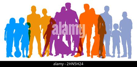 Silhouette colorate monocromatiche di famiglie e amici come concetto di società e generazioni Foto Stock