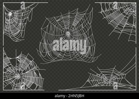Le parti del nastro del ragno sono isolate su sfondo nero. Scary cobbweb in angoli decorare. Elementi vettoriali di design per Halloween, horror, fantasma o mostro party, inviti e poster. Illustrazione Vettoriale