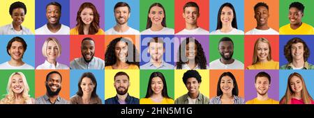 Ritratti umani insieme con uomini e donne di varie età e razze sorridenti e felici su colorati sfondi di studio Foto Stock