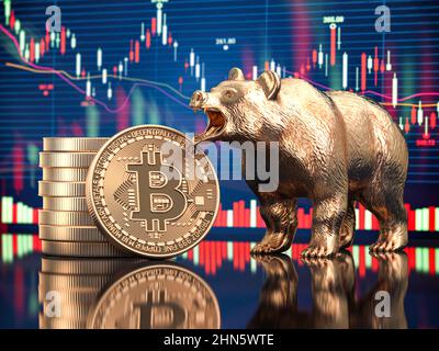 Moneta Bitcoin con orso e cartografia. Crollo del mercato ribassista di BTC. 3d illustrazione Foto Stock