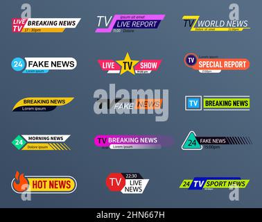 Bar di notizie. Banner TV, intestazioni per video. Tracciato grafico per testo per video, streaming, canale. Barra del titolo, striscia da competizione sportiva, set vettoriale esatto Illustrazione Vettoriale