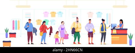 Coda di shopping di vestiti. Gli acquirenti si fermano al negozio di abbigliamento del banco cassa, affollato negozio multi con fornitore che accodano teenager cliente con borsa all'interno del centro commerciale, grande illustrazione vettoriale. Coda di memorizzazione Illustrazione Vettoriale