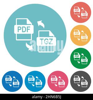 Compressione file PDF TGZ icone bianche piatte su sfondi a colori rotondi Illustrazione Vettoriale