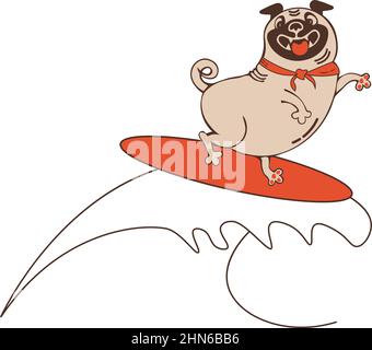 Divertente personaggio animale il pug felice che guida un surf su un'onda oceano Illustrazione Vettoriale