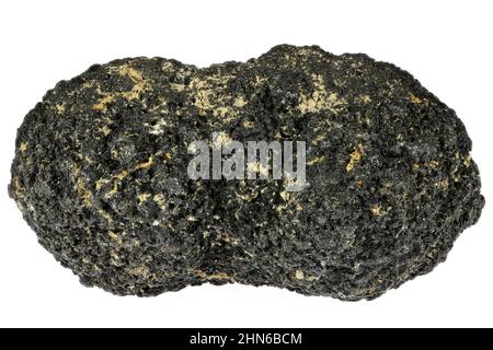 Nodulo di manganese recuperato nel Pacifico da una profondità di circa 4000m tra le Hawaii e il Messico (Clarion-Clipperton-Area) su sfondo bianco Foto Stock