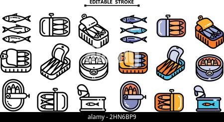 Sardine in lattina può isolato icone piatte set. Tratto modificabile. Icone del contorno del cibo portoghese in stile semplice. Vettore portoghese nazionale alimentare, frutti di mare pr Illustrazione Vettoriale