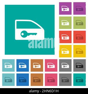 Serratura della porta dell'auto icone piatte multicolore su sfondi quadrati. Incluse variazioni delle icone bianche e più scure per il passaggio del mouse o gli effetti attivi. Illustrazione Vettoriale