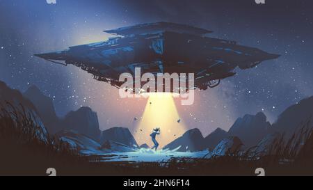 Scena fantascientistica che mostra la navicella spaziale che rapisce l'uomo di notte, arte digitale stile, illustrazione pittura Foto Stock