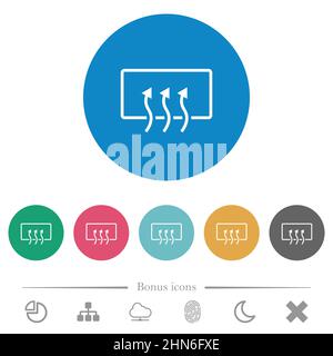 Icone bianche piatte dello sbrinamento del lunotto su sfondi rotondi. 6 icone bonus incluse. Illustrazione Vettoriale
