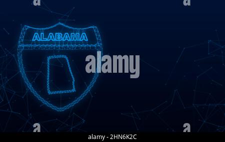 Mappa di Alabama state Stati Uniti d'America, Alabama Outline Road Plexus segno. Contorno luminoso blu. Illustrazione vettoriale Illustrazione Vettoriale