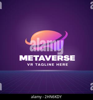 Metaverse Abstract Vector Sign, Symbol, Logo Template. Occhiali per realtà virtuale con tipografia distorta. Emblema ciberspazio isolato Illustrazione Vettoriale