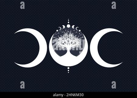 Albero sacro e luna crescente. Fasi della Luna mistica disegnate a mano, albero della vita, geometria Sacra. Wicca banner vecchio segno, cerchio di energia, vettore stile boho Illustrazione Vettoriale