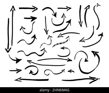 Set di frecce del pennello a grunge diverse, puntatori disegnati a mano, isolati su sfondo bianco. Pennello freccia nera stile tratto, oggetto per uso di disegno, vettore Illustrazione Vettoriale