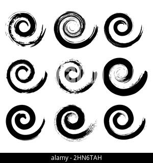 Set di strisce a spirale grunge nere. Texture di distress. Elementi di design in stile Doodle per cornici, badge, etichette e emblemi. Grunge i tratti rotondi del pennello Illustrazione Vettoriale