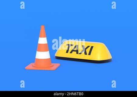 Cartello giallo della cabina vicino al cono stradale. Arresto del trasporto passeggeri. Guasto, manutenzione di un taxi car. 3d rendering Foto Stock