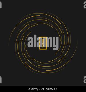 Linee di velocità curvilinee gialle in forma di vortice. Illustrazione vettoriale. Sfondo grigio. Elemento di design alla moda per cornice, logo, insegna, web, stampe, badge Illustrazione Vettoriale