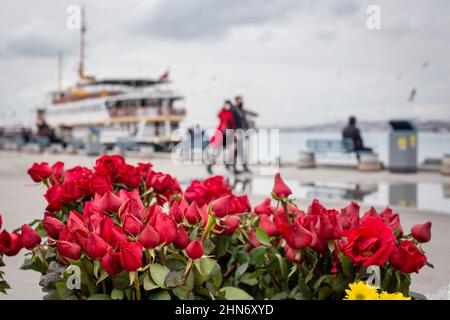 14 febbraio 2022: Decine di mazzi di rose rosse e un paio di amanti sullo sfondo stanno camminando lungo la costa di Kadikoy. I guai economici della Turchia hanno influito sulle vendite di fiori e regali prima del giorno di San Valentino, in quanto i consumatori sono stati costretti a dare priorità alle esigenze di base come i prodotti alimentari. In questo periodo, quando il tasso di inflazione annuale è aumentato per l'ottavo mese consecutivo e ha raggiunto il 48,69% nel gennaio 2022, è stato difficile trovare un acquirente quando un singolo aumento è stato venduto per 50 a 60 lire a Istanbul il 14 febbraio 2022. (Credit Image: © Tolga Ildun/ZUMA Press Wire) Foto Stock