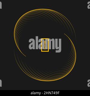Linee di velocità curve gialle in forma di cerchio astratto. Sfondo grigio. Elemento di design trendy per cornice rotonda, logo, segno, simbolo, web, stampe, badge Illustrazione Vettoriale