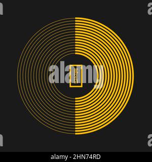Strisce curve concentriche radiali gialle. Illustrazione vettoriale. Elemento di design per logo, segno, simbolo, tatuaggio, badge, emblemi, web, stampe Illustrazione Vettoriale