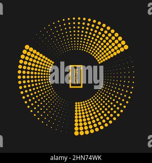 Forma punteggiata a mezzitoni giallo curvo. Arte geometrica Elemento di design per cornice, logo tecnologico rotondo, tatuaggio, segno, simbolo, pagine web, stampe Illustrazione Vettoriale