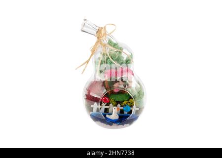 Terrario di vetro. Grande terrarium isolato su sfondo bianco. Piante succulente in vasi di florarium di vetro, spazio copia. Home mini giardino concetto. Foto Stock