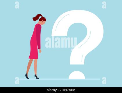 Giovane donna d'affari stanca senza lavoro o energia di vita. Nessuna idea e concetto di depressione di fatica. Sindrome di Burnout e stress. Illustrazione eps del vettore con punto interrogativo grande Illustrazione Vettoriale