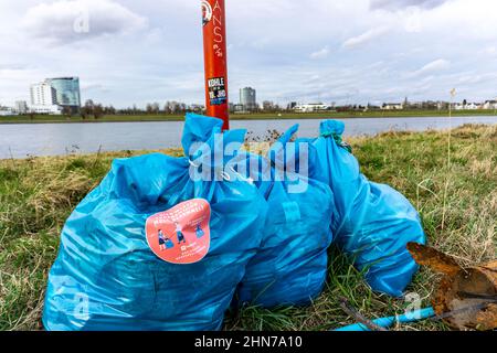 Il Reno vicino a Düsseldorf, sacchi di rifiuti raccolti nei prati del Reno in attesa di essere tolti, azione di raccolta volontaria, #Reinrhein, NRW, Germ Foto Stock