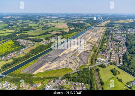 Vista aerea, cantiere di costruzione del quartiere Wasserstadt Aden sul sito dell'ex collirio Haus Aden presso il canale Datteln-Hamm di OBE Foto Stock
