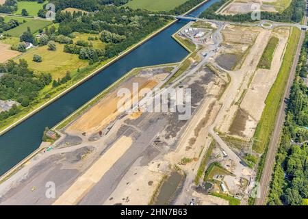 Vista aerea, cantiere di costruzione del quartiere Wasserstadt Aden sul sito dell'ex collirio Haus Aden presso il canale Datteln-Hamm di OBE Foto Stock