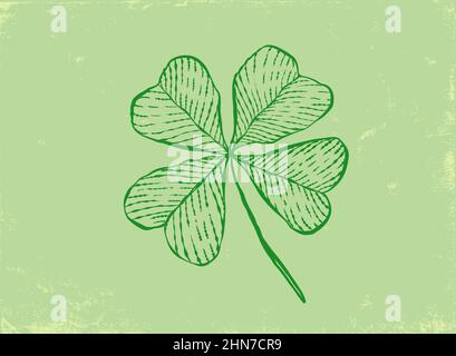 Poster Vector vintage di trifoglio con quattro foglie per il giorno di Patrick. Vintage verde Lucky Clover in stile disegno a mano. Illustrazione Vettoriale