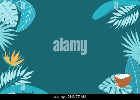 Cornice vettoriale per testo con foglie di palma, cocco, fiore. Piante tropicali in un modello di bandiera Illustrazione Vettoriale