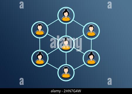 Teamleader e lavoro di squadra. Membri del team collegati in una rete o in un team con il leader del centro. Foto Stock