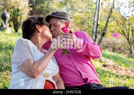 Bella vecchia coppia essendo romantica nella natura. Uomo anziano che dà un fiore alla moglie e la bacia. Foto Stock