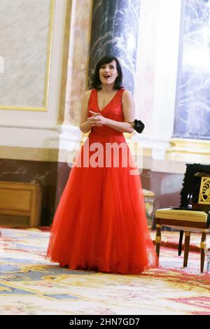 Madrid, Spagna. 14th Feb 2022. Il soprano Marivi Blasco si esibisce durante il concerto di Musica dei tempi di Caravaggio nella cappella del Palazzo reale di Madrid. Credit: SOPA Images Limited/Alamy Live News Foto Stock