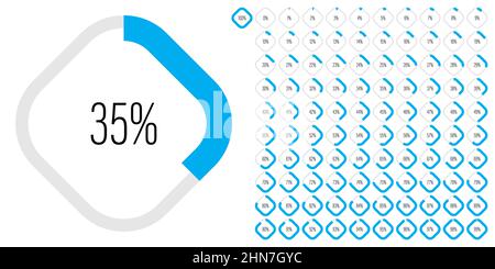 Set di diagrammi percentuali rettangolari metri da 0 a 100 pronti all'uso per web design, interfaccia utente o infografica - indicatore blu Illustrazione Vettoriale