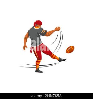 Quarterback o kicker personaggio vettoriale del giocatore di calcio americano. Giocatore di calcio americano in casco con palla in azione Illustrazione Vettoriale
