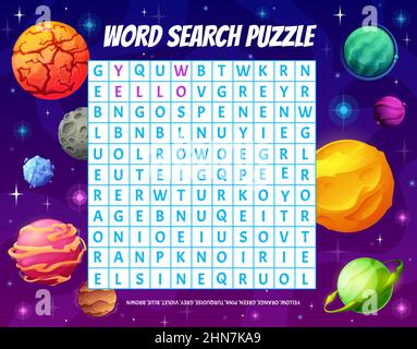 Griglia di gioco di puzzle di parola con pianeti di spazio di colore cartoon. Giochi di ricerca di parola di crossword educativo riddle, gioco di vettore di attività di gioco di bambino. Bambini lo Illustrazione Vettoriale