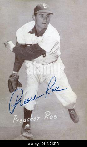 Carta da baseball dell'era 1950s autografata dal lanciatore di Brooklyn Dodgers Preacher Roe. Foto Stock